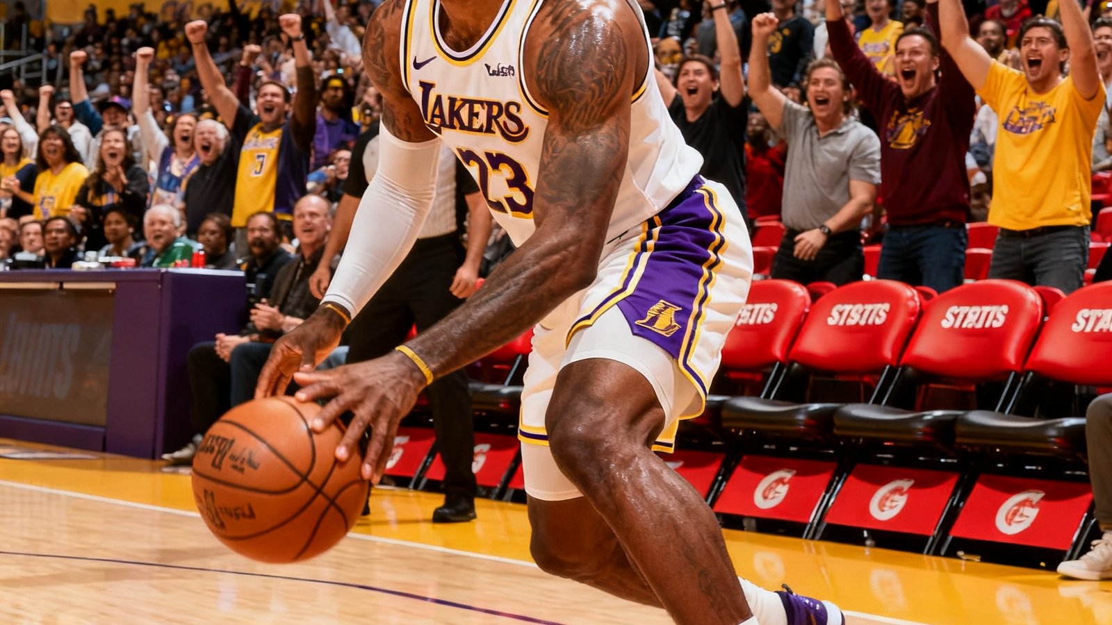 NBA战报配图，湖人主场斯台普斯中心，詹姆斯在比赛中突破上篮的精彩瞬间，全场观众起立欢呼